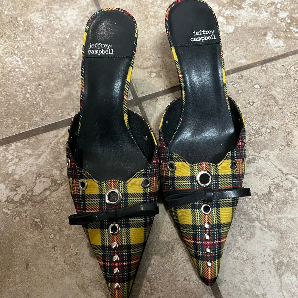 Jeffrey Campbell Yellow Plaid Gratis Mule Heels - Picture 2 of 5